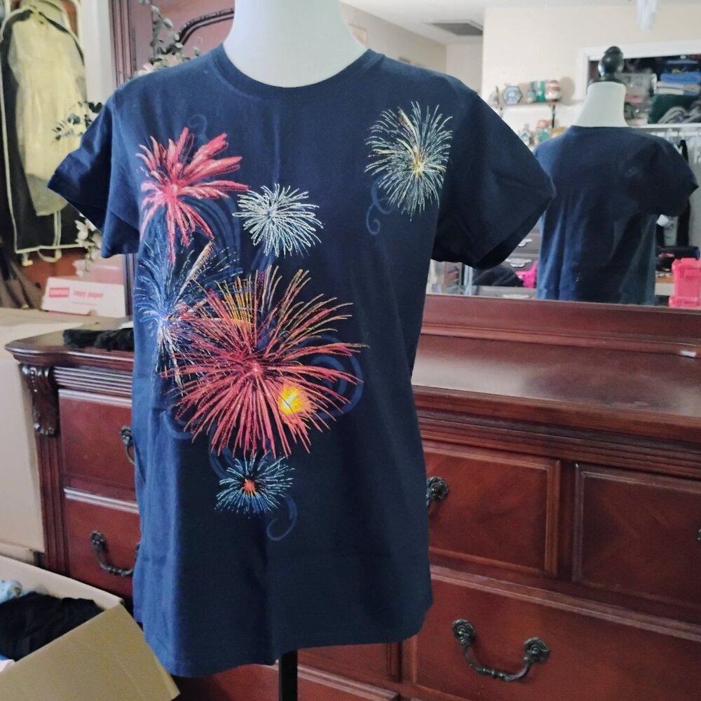 Navy Blue Short Sleeve Cotton Tees w/Fireworks Print on Front